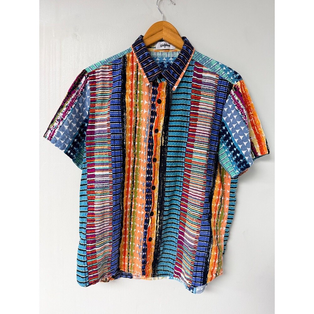 Vatpave Men's M Multicolor Geometric Stripe Short Sleeve Button Up Shirt